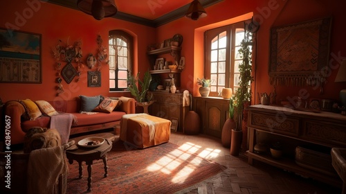 Bohemian and cozy interior  with terracotta wall color and macrame design © Hdi