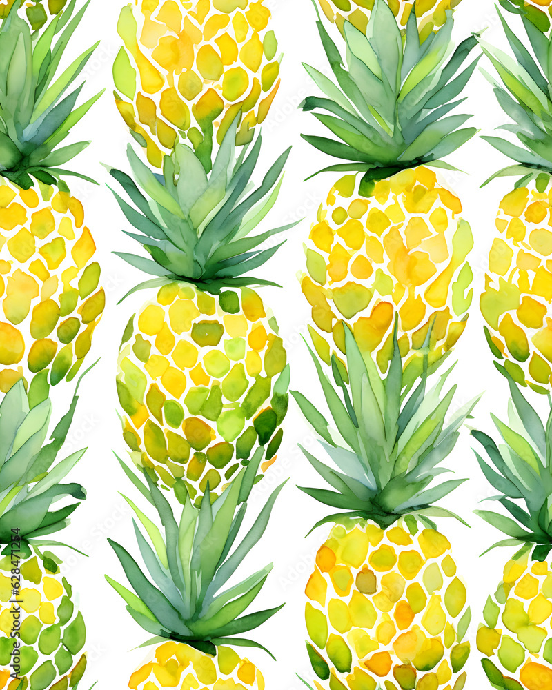 Pineapple watercolor tileable seamless pattern created with Generative AI technology Pineapple watercolor tileable seamless pattern created with Generative AI technology