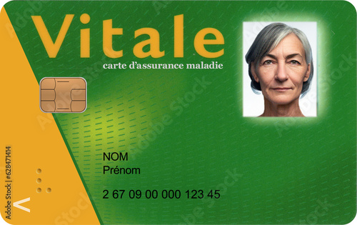 A dummy card of social security system of France of CNAM, a fictive Carte Vitale in the name of NOM Prénom, born in september 1967. Text in French : health insurance card. photo