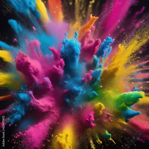 Colorful powder explosion paint holi splash on black background