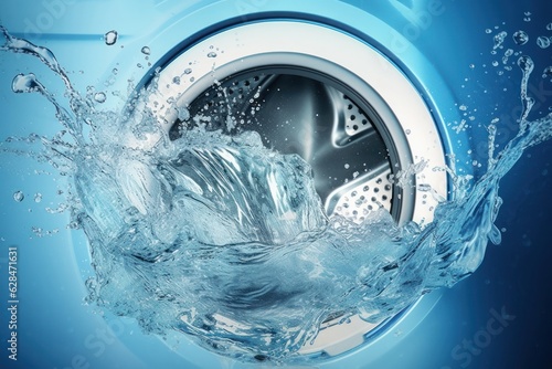 Washing machine drum with clean water flow and splashes. Laundry, washing powder concept, Generative AI