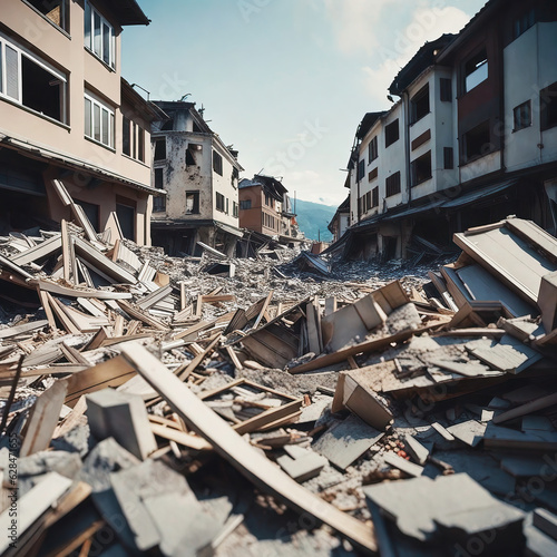 Massive devastation broken building debris after earthquake