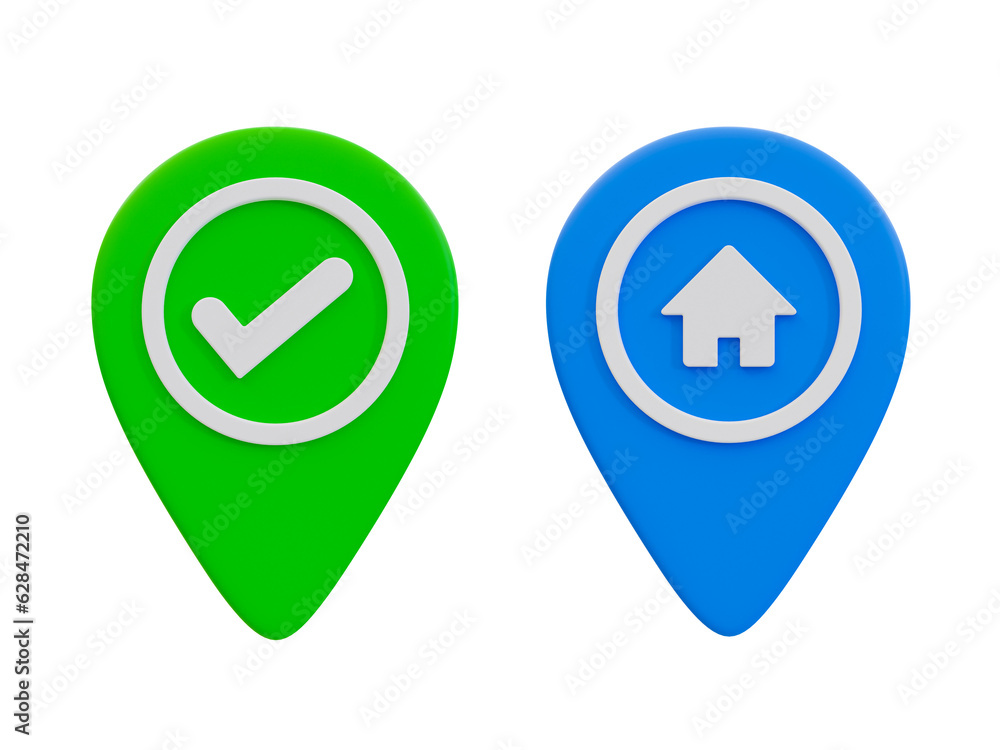3d minimal map pin icon. destination pin. location pin with checkmark and home icon. 3d illustration. 3d minimal map pin icon. destination pin. location pin with checkmark and home icon. 3d illustration.