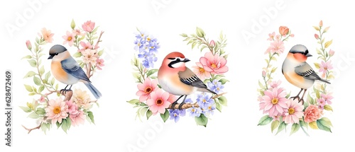 collection of bird on a flowers branch painting in watercolor style on white background for design