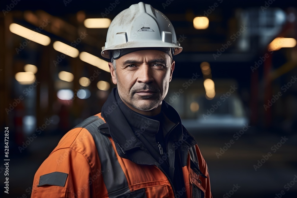 Portrait of an oil worker in hardhat and coveralls, emphasizing the human element and demanding labor in the oil and energy industry Portrait of an oil worker in hardhat and coveralls, emphasizing the human element and demanding labor in the oil and energy industry