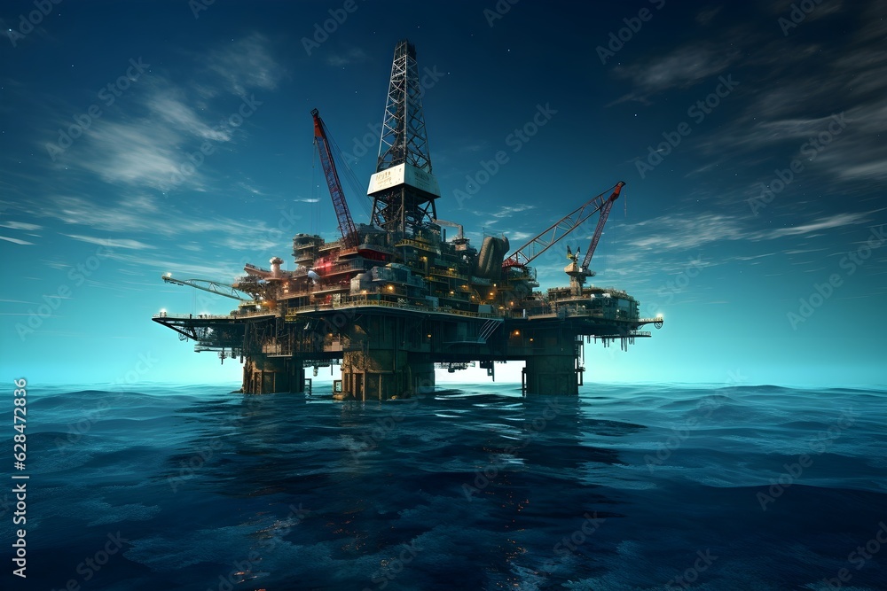 A large offshore oil drilling platform situated in the vast expanse of the ocean, signifying the exploration and extraction of crude oil