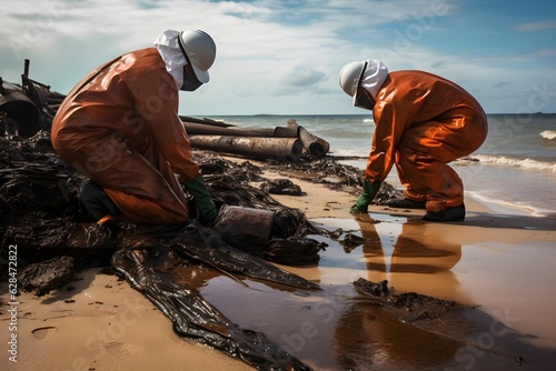 Spilled oil being meticulously cleaned up on a beach, illustrating the environmental repercussions and cleanup efforts linked to oil spills photo