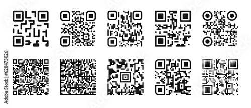 QR code icon set. Examples of QR codes in different designs. Quick response codes for smartphone, mobile app, payment and discount. Vector illustration.