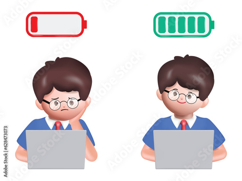 3D Tired student with Low power symbol. Depression, Man tired of hard working, sleepy at work, guy at office sits by the table. 3D cartoon realistic style vector design illustrations render