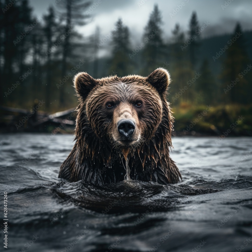 In the wilderness, a brown bear wades through water. (Generative AI) In the wilderness, a brown bear wades through water. (Generative AI)