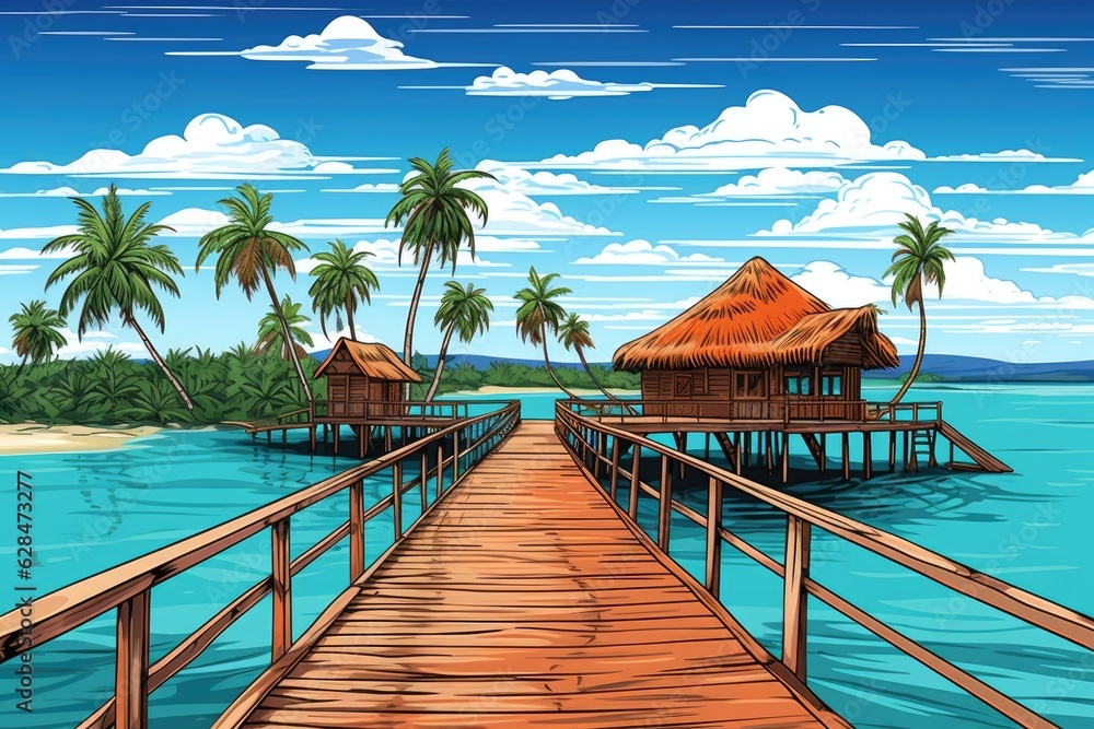 A wooden pier leads to a tropical island hut surrounded by palm trees, water, and a blue sky with clouds. (Generative AI) A wooden pier leads to a tropical island hut surrounded by palm trees, water, and a blue sky with clouds. (Generative AI)