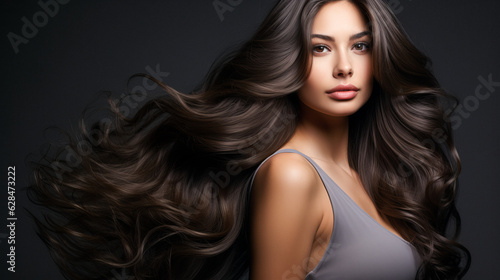 Beautiful brunette girl with very long well-groomed smooth hair. Develop. Advertisement for hairdresser, beauty salon, hair banner. AI generation
