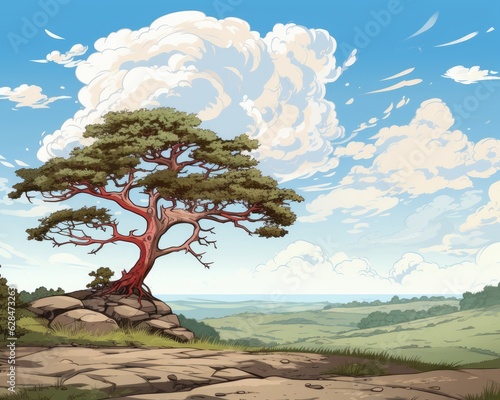 Under a cloudy sky  a lone tree perches on a hill.  Generative AI 