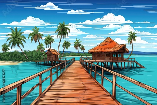 A wooden pier leads to a tropical island hut surrounded by palm trees, water, and a blue sky with clouds. (Generative AI)