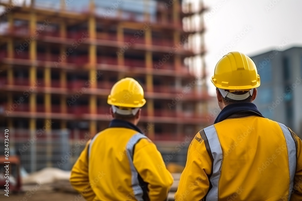 Back view of engineers standing in front of building under construction. Construction workers in uniform and hardhats on construction site. Back view of engineers standing in front of building under construction. Construction workers in uniform and hardhats on construction site.