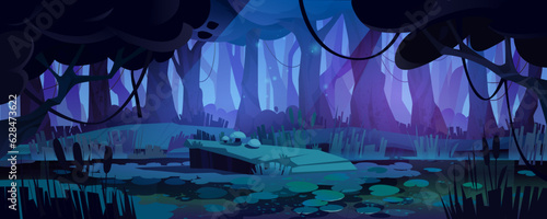 Spooky night forest landscape with swamp. Vector cartoon illustration of dark woodland, lake with water lily leaves and reeds, mushrooms on glade, old trees and bushes, fireflies glowing in moonlight