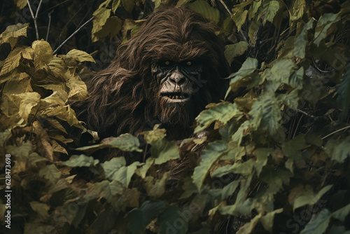 A Bigfoot creature hiding behind leaves peaking out. Sasquatch hidden in camouflage with the forest foliage. Generative AI concept photo