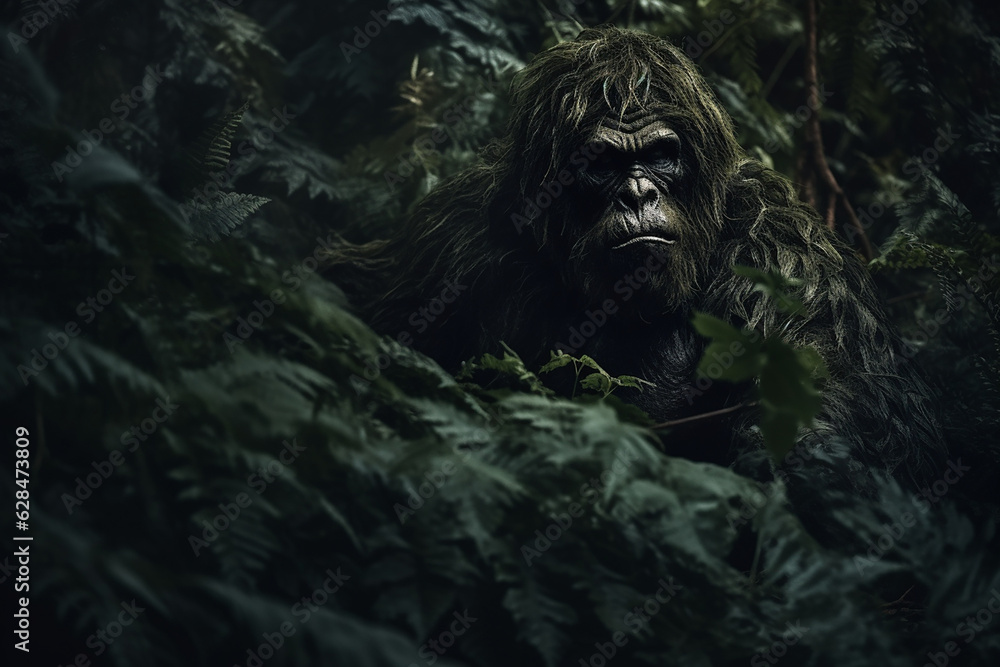 A Bigfoot creature hiding behind leaves peaking out. Sasquatch hidden in camouflage with the forest foliage. Generative AI concept