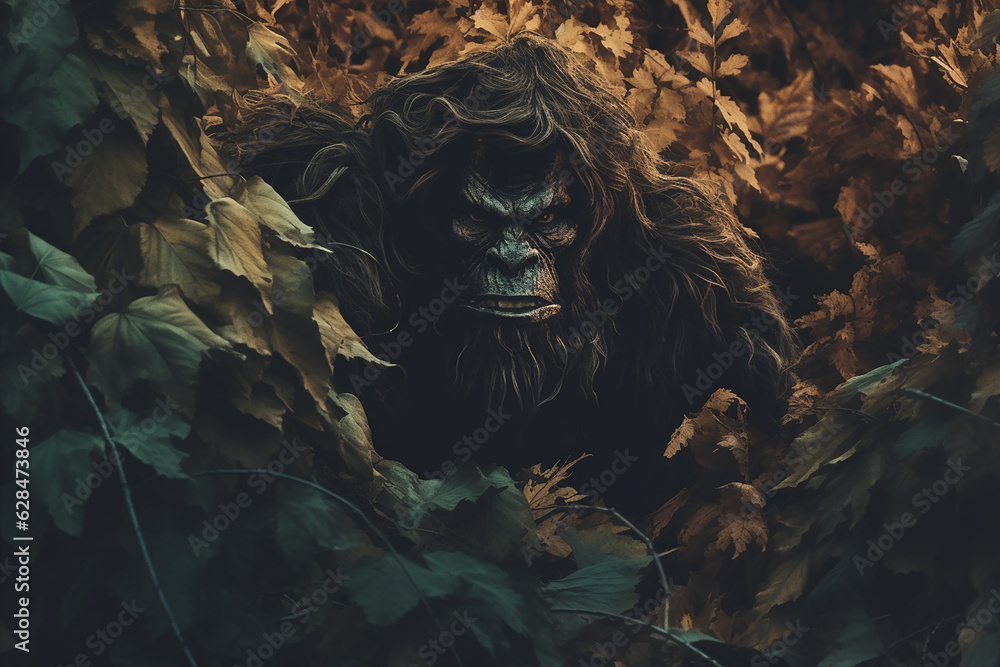 Obraz premium A Bigfoot creature hiding behind leaves peaking out. Sasquatch hidden in camouflage with the forest foliage. Generative AI concept