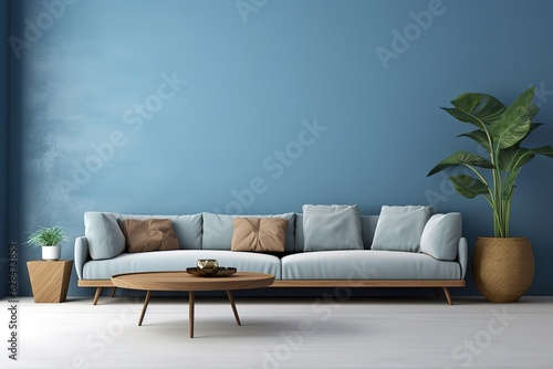 Mock up wall in steel blue modern interior background, living room, Scandinavian style | bright living room interior with royal blue couch | living room with a blue accent wall, Generative AI