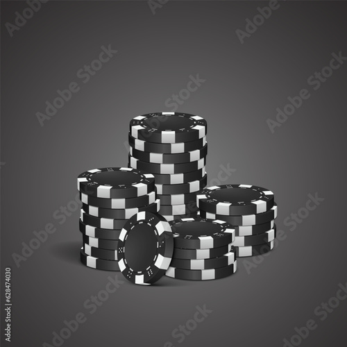 Black poker chips on a dark background. Vector illustration.