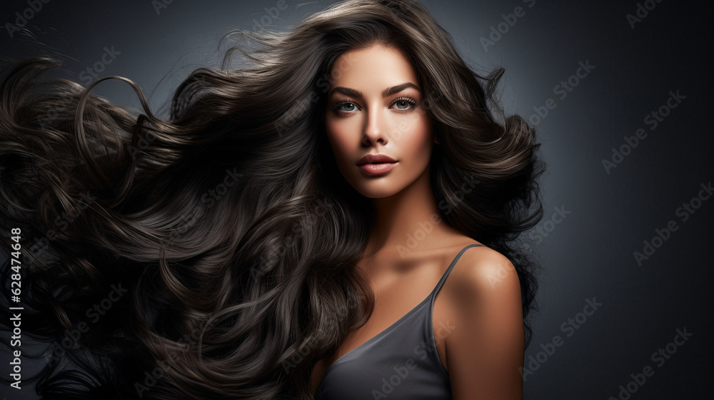 Beautiful brunette girl with very long well-groomed smooth hair. Develop. Advertisement for hairdresser, beauty salon, hair banner. AI generation Beautiful brunette girl with very long well-groomed smooth hair. Develop. Advertisement for hairdresser, beauty salon, hair banner. AI generation