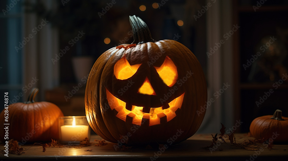 Fototapeta premium Halloween composition of a burning group of pumpkins with a candle, dark background. AI generated.