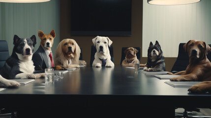 Dogs take over the corporate world - a hilarious depiction of a group of canines conducting a serious business meeting
