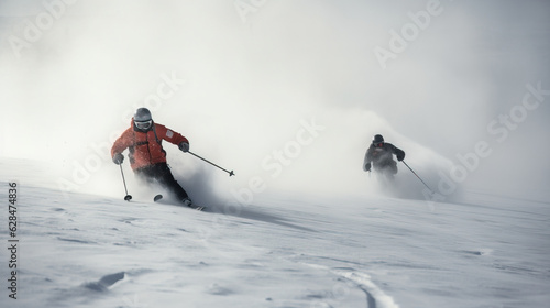 Group of skiers athletes compete going down from ski mountain. AI generated.