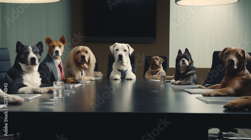 Fototapeta Naklejka Na Ścianę i Meble -  Dogs take over the corporate world - a hilarious depiction of a group of canines conducting a serious business meeting