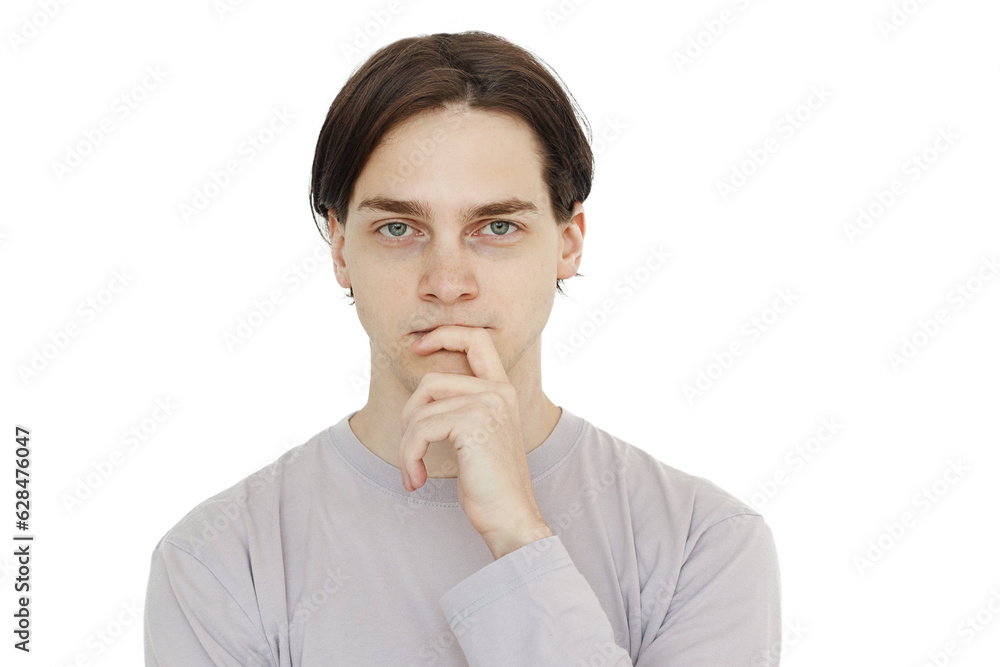 Thinking young man looking at camera isolated on white background Thinking young man looking at camera isolated on white background