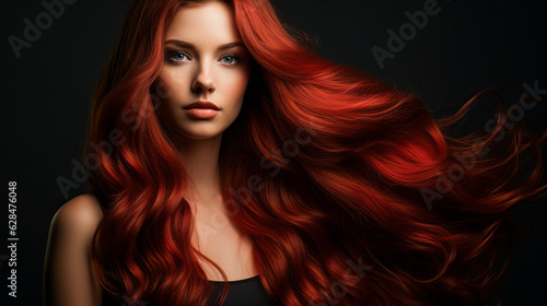 Beautiful girl with very long red well-groomed smooth hair. Develop. Advertisement for hairdresser, beauty salon, hair banner. AI generation
