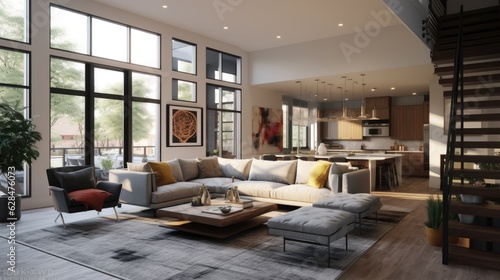 contemporary living room open concept view, generative ai