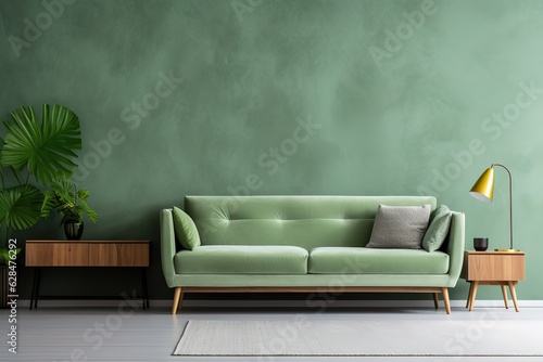 Home interior mock-up with green sofa, table and decor in living room, 3d render   Living room with green armchair on empty dark green wall background   Green wall background, Generative AI © Azar