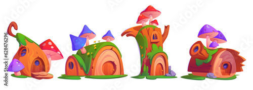 Fairytale forest house building cartoon vector set. Isolated little fantasy tree home with mushroom on roof for magic village with grass. Small wooden elf cottage exterior for children fairy tale.