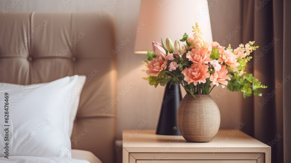 flowers brown vase on wooden nightstand, generative ai flowers brown vase on wooden nightstand, generative ai