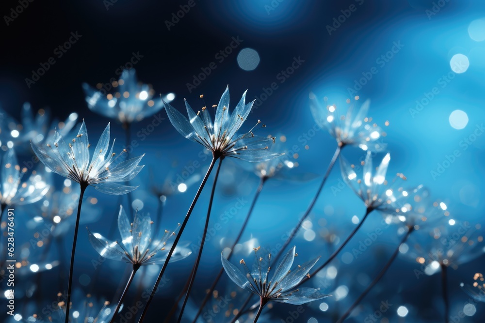 Fototapeta premium Abstract cold flower bright light glittering bokeh blur background. Generative AI