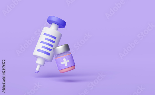 Принти на полотні 3d syringe, vaccine bottle isolated on purple background