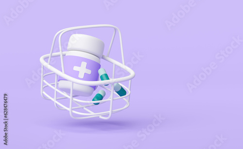 3d medicine bottle, shopping basket with capsule pills isolated on purple background. pharmaceutical product purchase concept, 3d render illustration