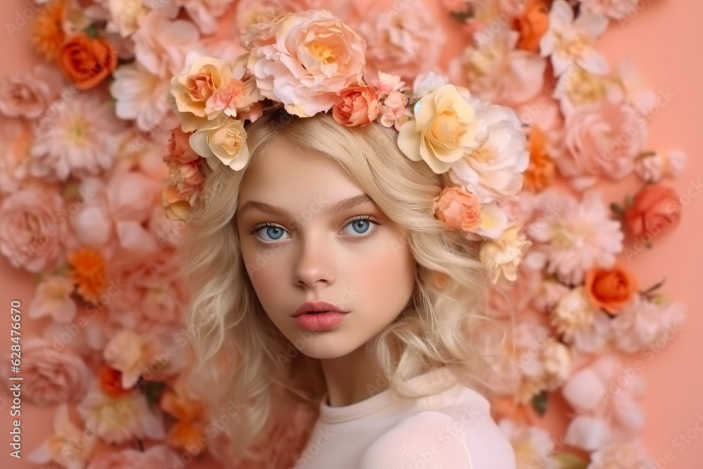 Portrait of a young, beautiful girl, a Spring princess on a pastel background wall made of fresh flowers. Spring creative concept