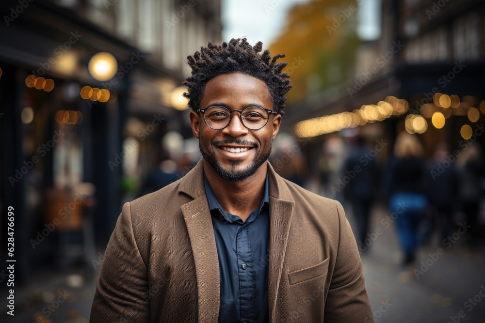 Professional business black cool stylish casual creative african man, happy confident positive, entrepreneur standing outdoor on street, looking at camera