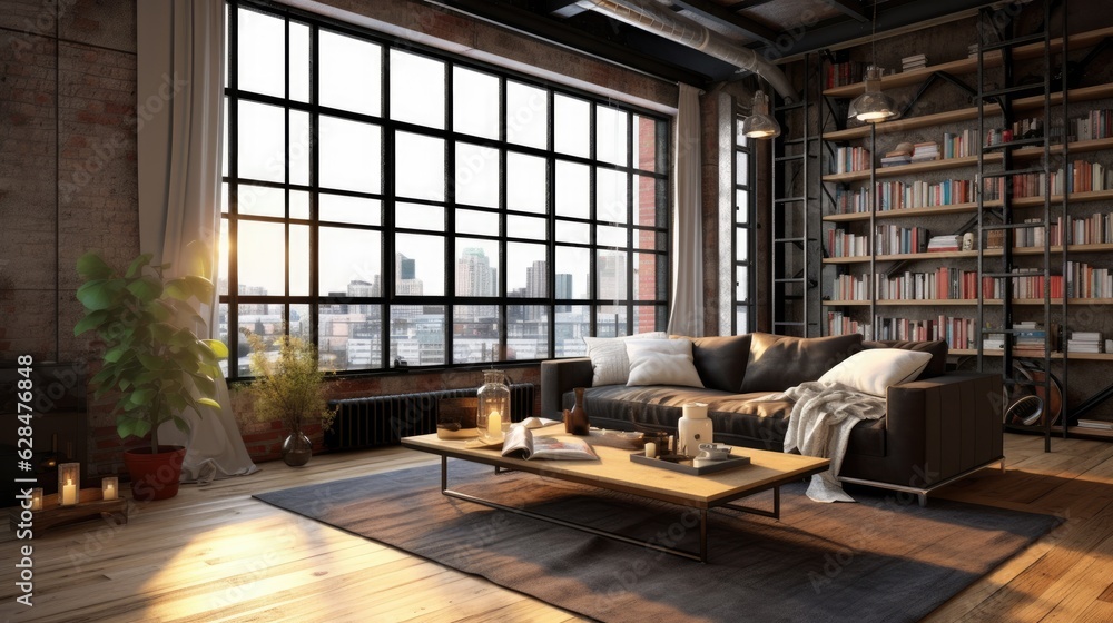 living room loft industrial style, generative ai living room loft industrial style, generative ai
