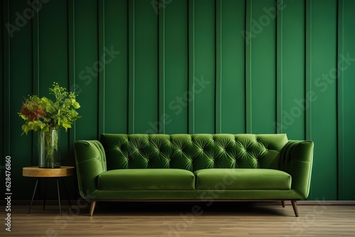 Modern interior of living room with armchair and cabinet on dark green colour wall background.   Luxury dark living room design, green furniture on grey wall in modern design,Generative AI © Azar