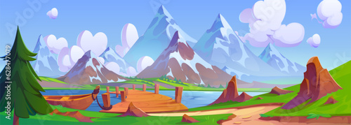 Cartoon mountain lake with wooden boat moored to old bridge. Vector illustration of beautiful natural background, footpath and fir tree on green hill, high rocks with glacier on top, blue sunny sky
