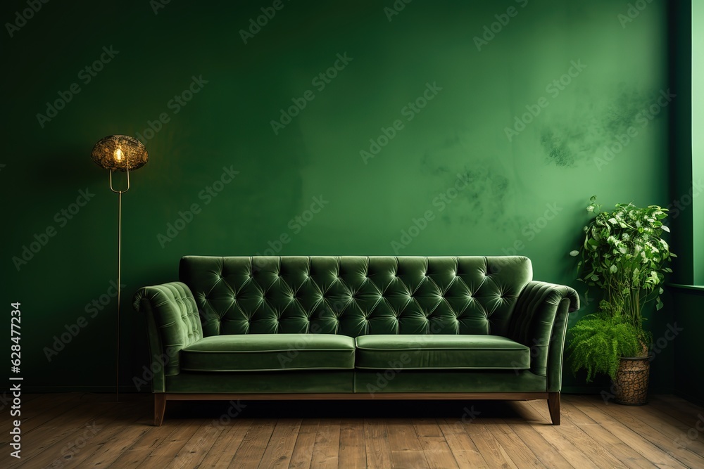 Modern interior of living room with armchair and on dark green