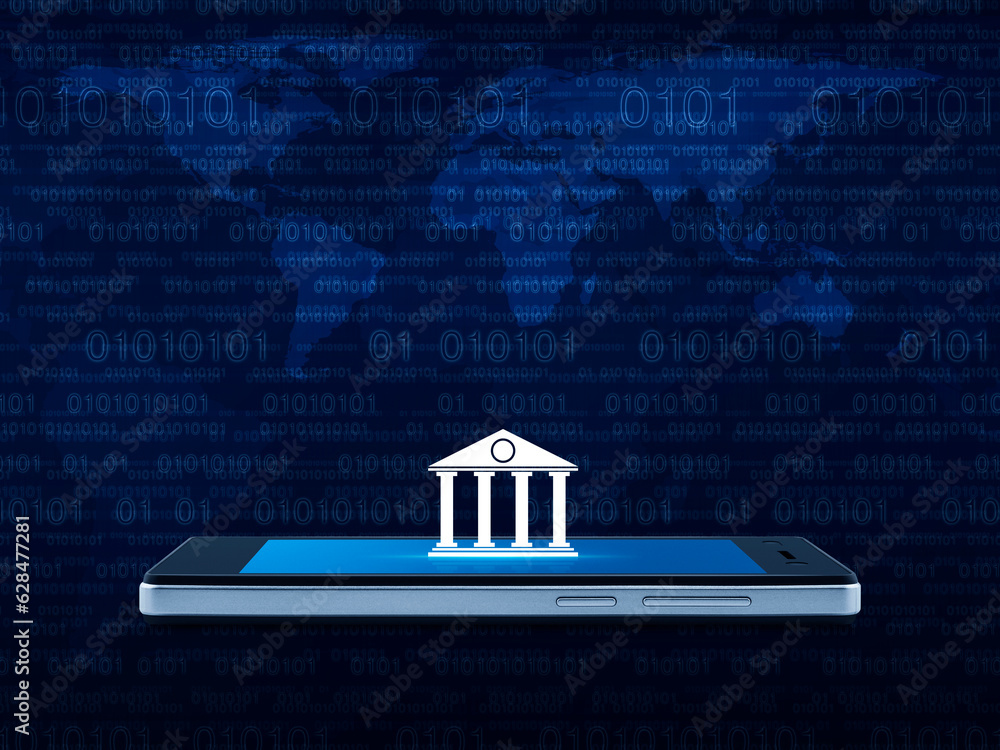 Bank icon on modern smart mobile phone screen over world map and computer binary code blue background, Mobile banking concept, Elements of this image furnished by NASA