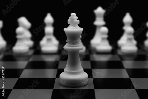Focus on white chess king with all white chess pieces behind on a chessboard