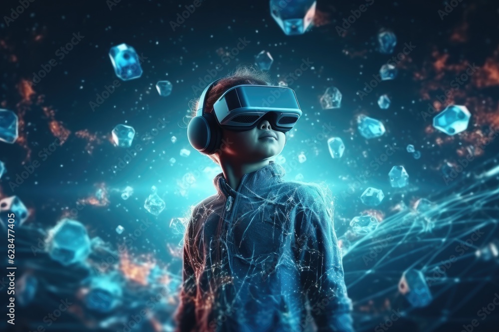 A boy wearing VR headset user, surreal world and virtual reality, colorful flowers fields. Generative AI A boy wearing VR headset user, surreal world and virtual reality, colorful flowers fields. Generative AI
