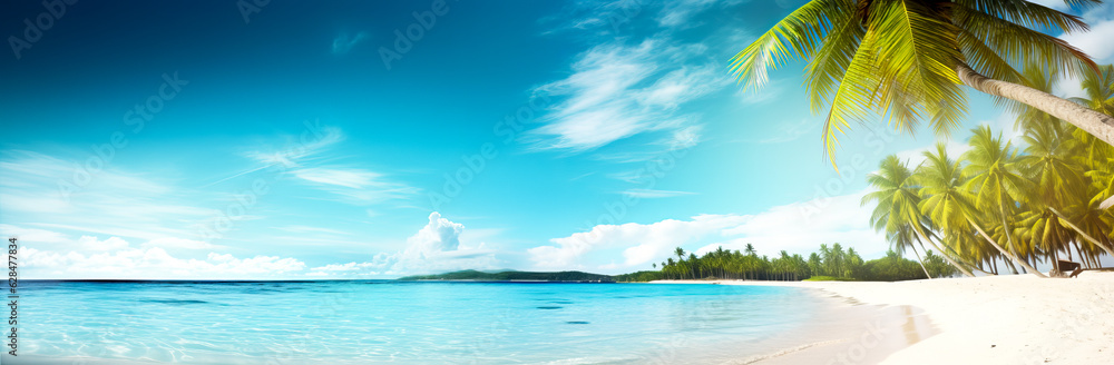 Colorful summer nautical summer background, banner. palm trees, sea, clouds, islands, vacation. AI generation