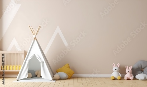 Mockup wall in the children's room on wall cream color background, Generative AI